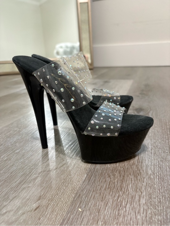 Ellie Shoes - Ellie Black Platform Stiletto Mules with Clear Rhinestone Straps